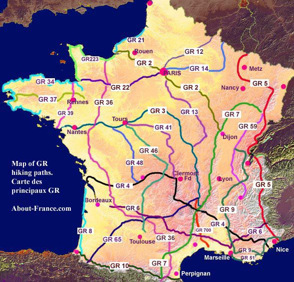 Map of long-distance footpaths - carte des sentiers GR